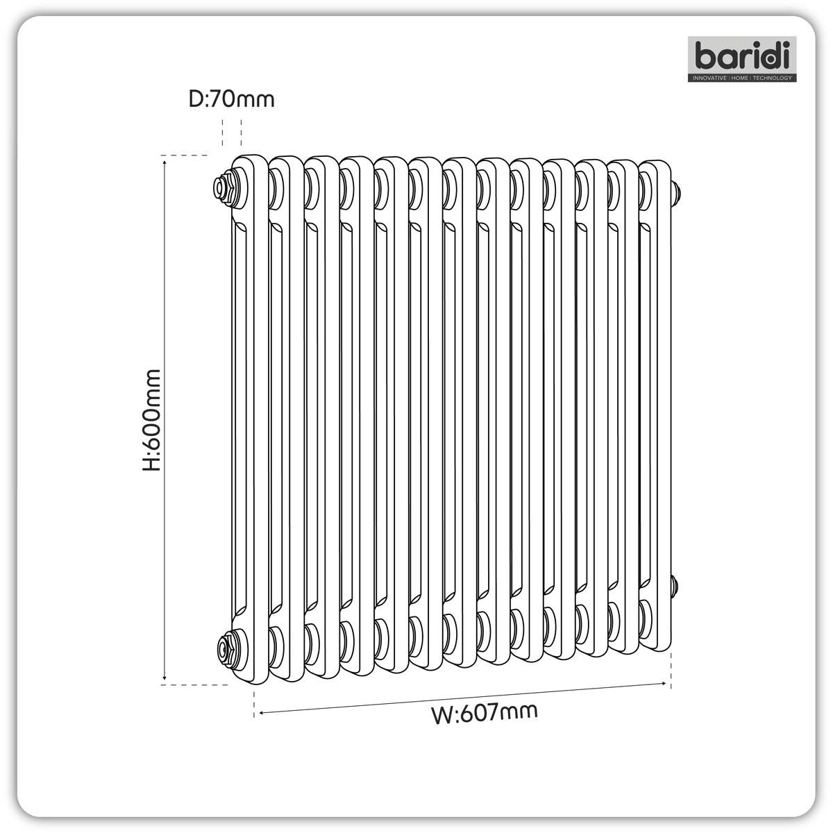 Baridi DH362 Horizontal Traditional 2 Column Radiator 600 x 607mm - Black - additional view 4