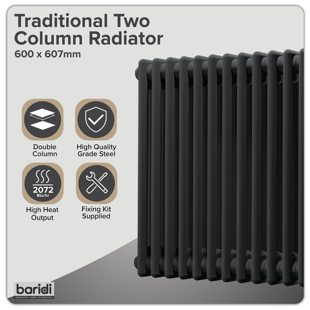 Baridi DH362 Horizontal Traditional 2 Column Radiator 600 x 607mm - Black - additional view 3