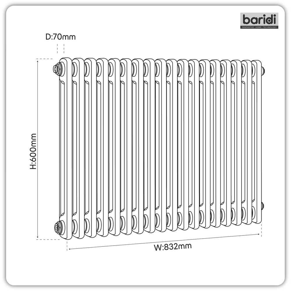 Baridi DH363 Horizontal Traditional 2 Column Radiator 600 x 832mm - Black - additional view 5