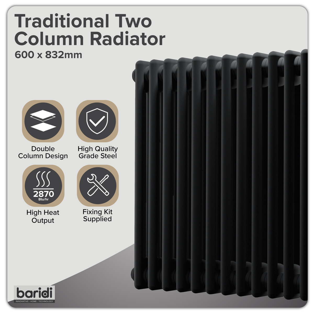 Baridi DH363 Horizontal Traditional 2 Column Radiator 600 x 832mm - Black - additional view 2