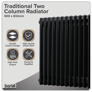 Baridi DH363 Horizontal Traditional 2 Column Radiator 600 x 832mm - Black - additional view 2