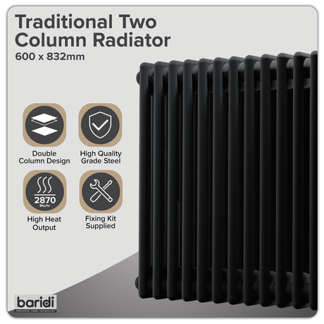 Baridi DH363 Horizontal Traditional 2 Column Radiator 600 x 832mm - Black - additional view 2