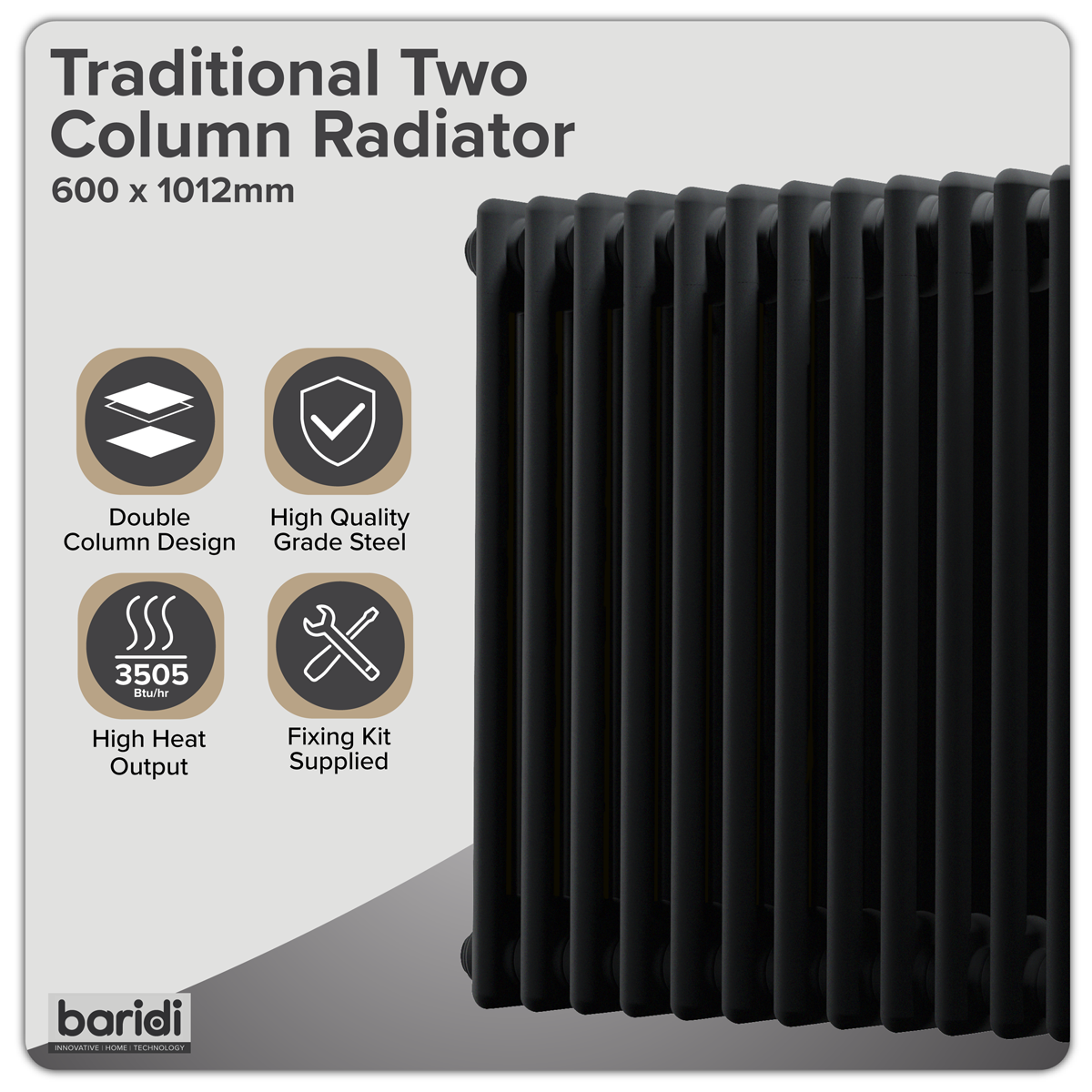 Baridi DH364 Horizontal Traditional 2 Column Radiator 600 x 1012mm - Black - additional view 4