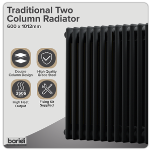 Baridi DH364 Horizontal Traditional 2 Column Radiator 600 x 1012mm - Black - additional view 4