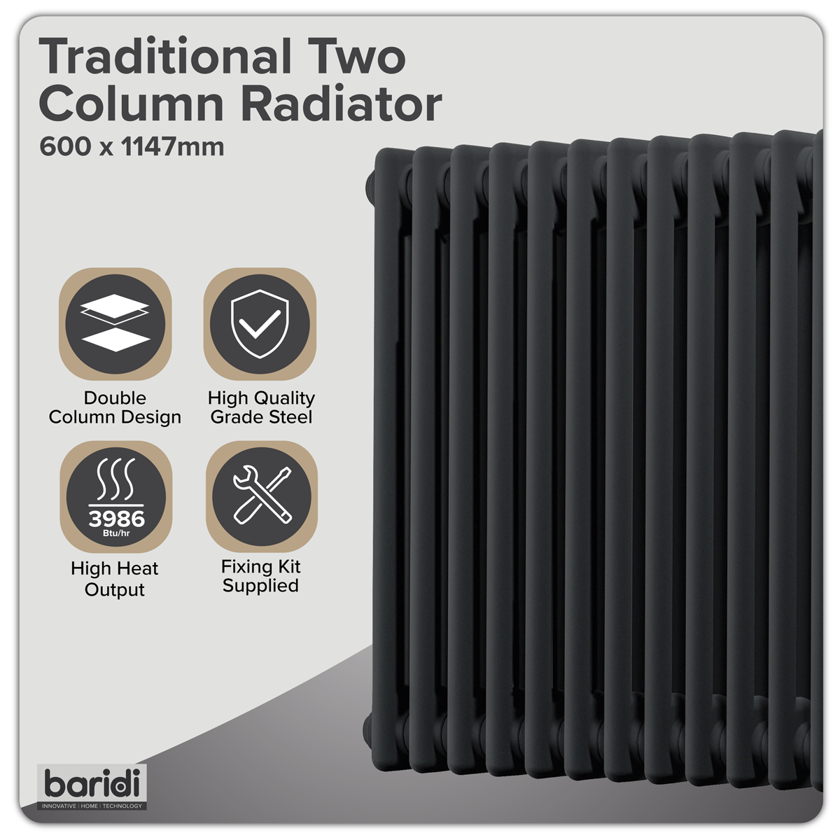 Baridi DH365 Horizontal Traditional 2 Column Radiator 600 x 1147mm - Black - additional view 3