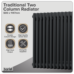 Baridi DH365 Horizontal Traditional 2 Column Radiator 600 x 1147mm - Black - additional view 3