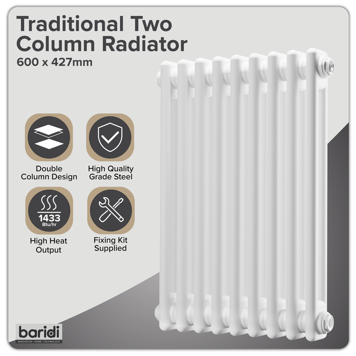 Baridi DH366 Horizontal Traditional 2 Column Radiator 600 x 427mm - White - additional view 10