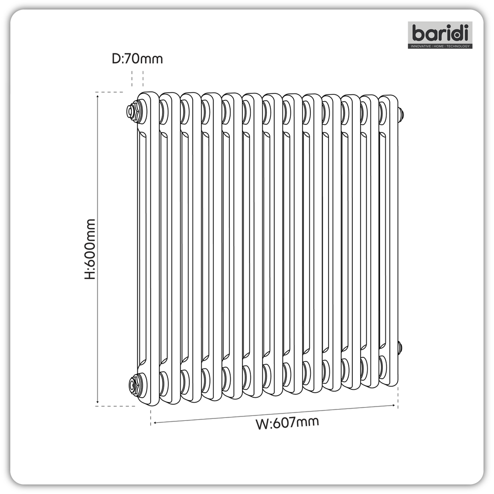 Baridi DH367 Horizontal Traditional 2 Column Radiator 600 x 607mm - White - additional view 9