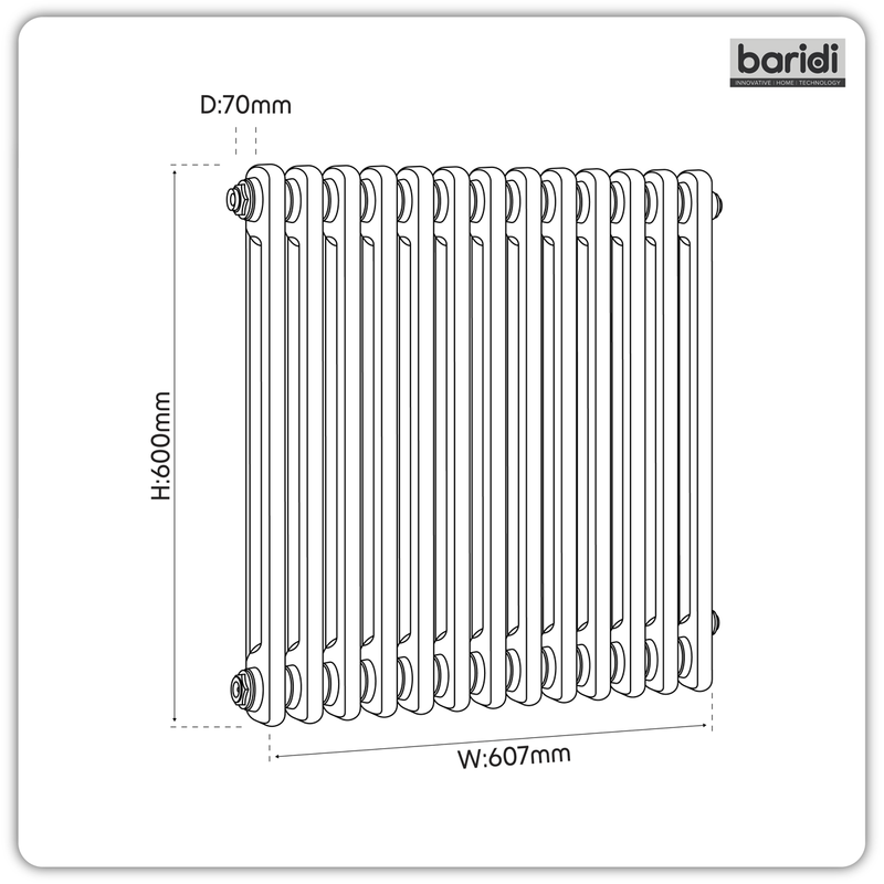 Baridi DH367 Horizontal Traditional 2 Column Radiator 600 x 607mm - White - additional view 9