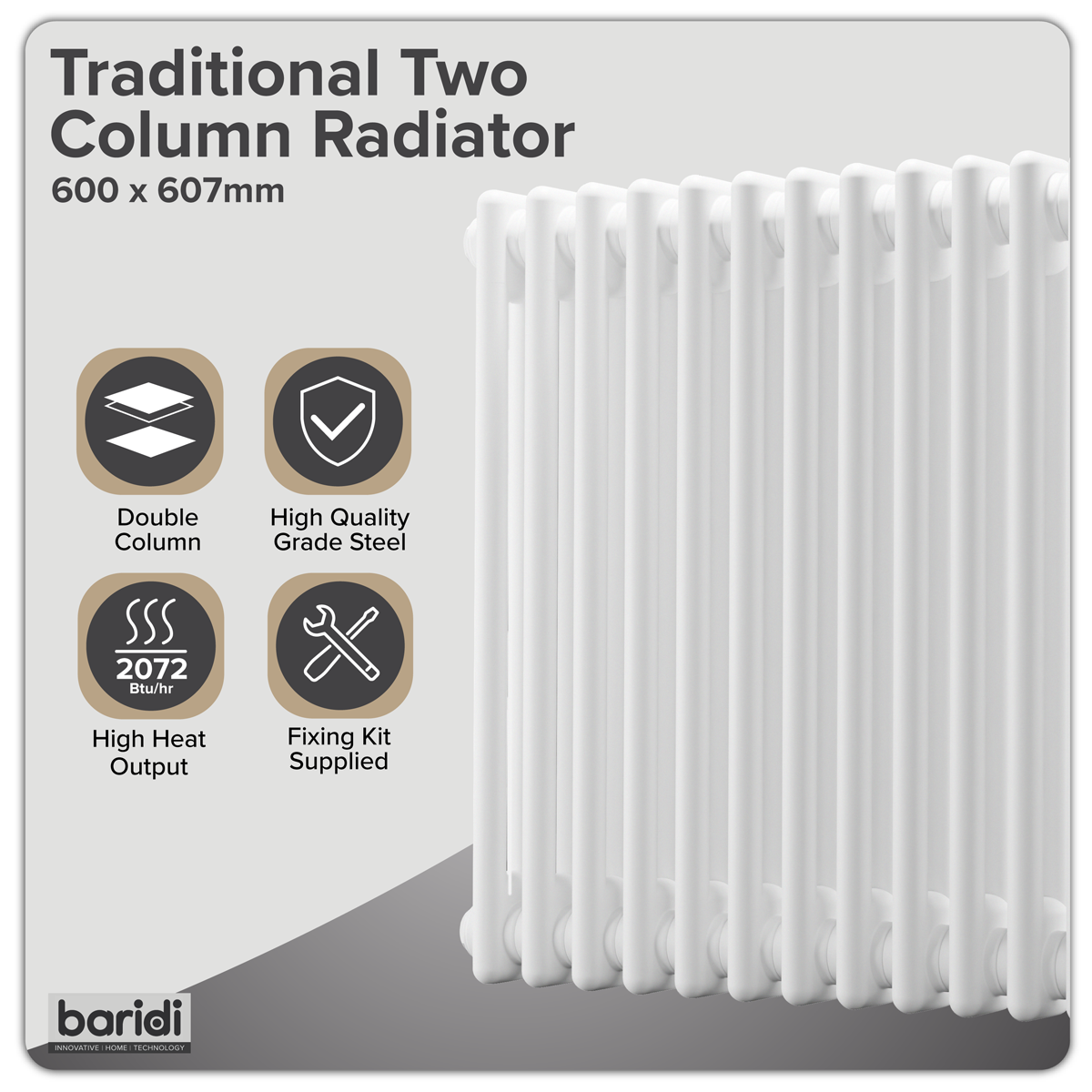 Baridi DH367 Horizontal Traditional 2 Column Radiator 600 x 607mm - White - additional view 11