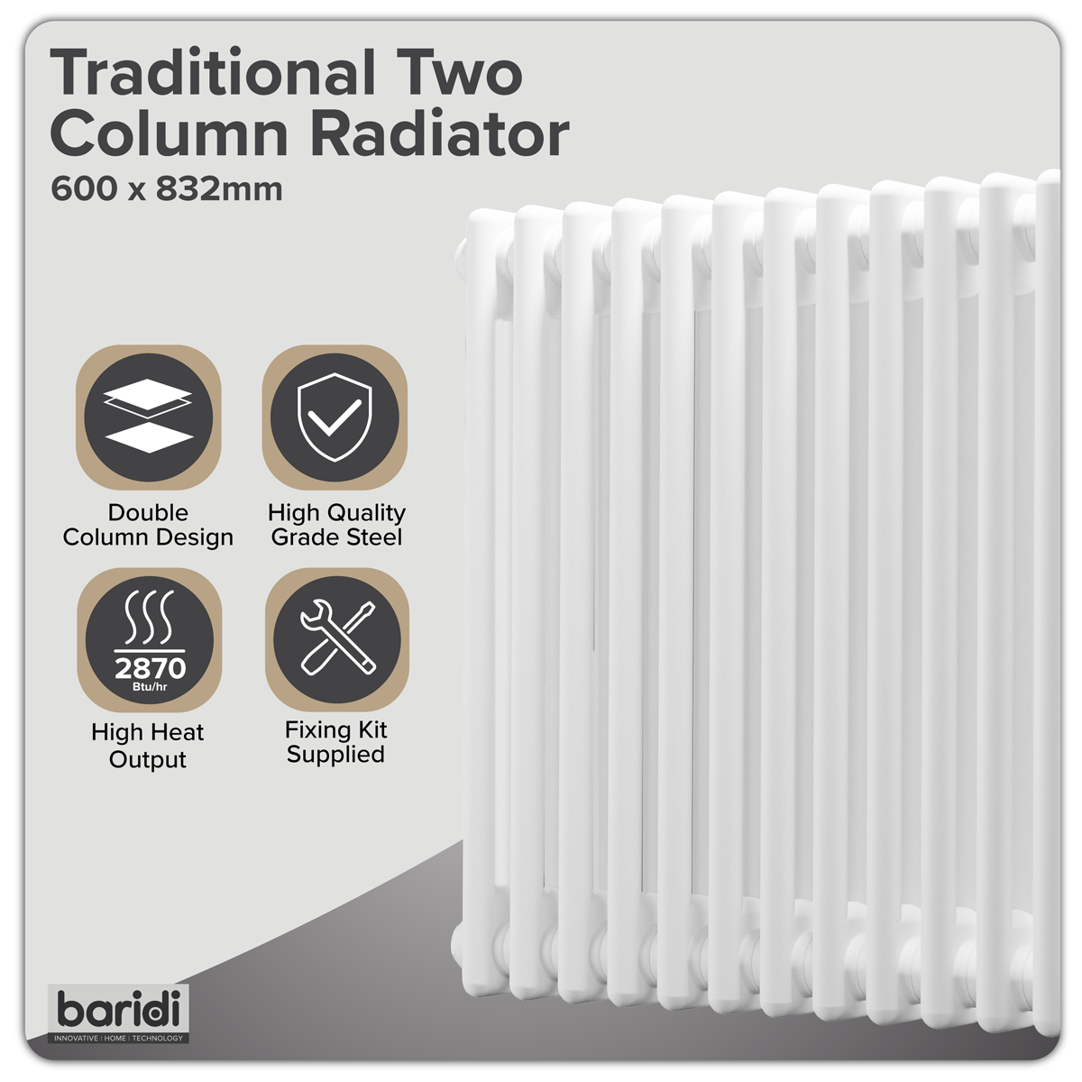 Baridi DH368 Horizontal Traditional 2 Column Radiator 600 x 832mm - White - additional view 9