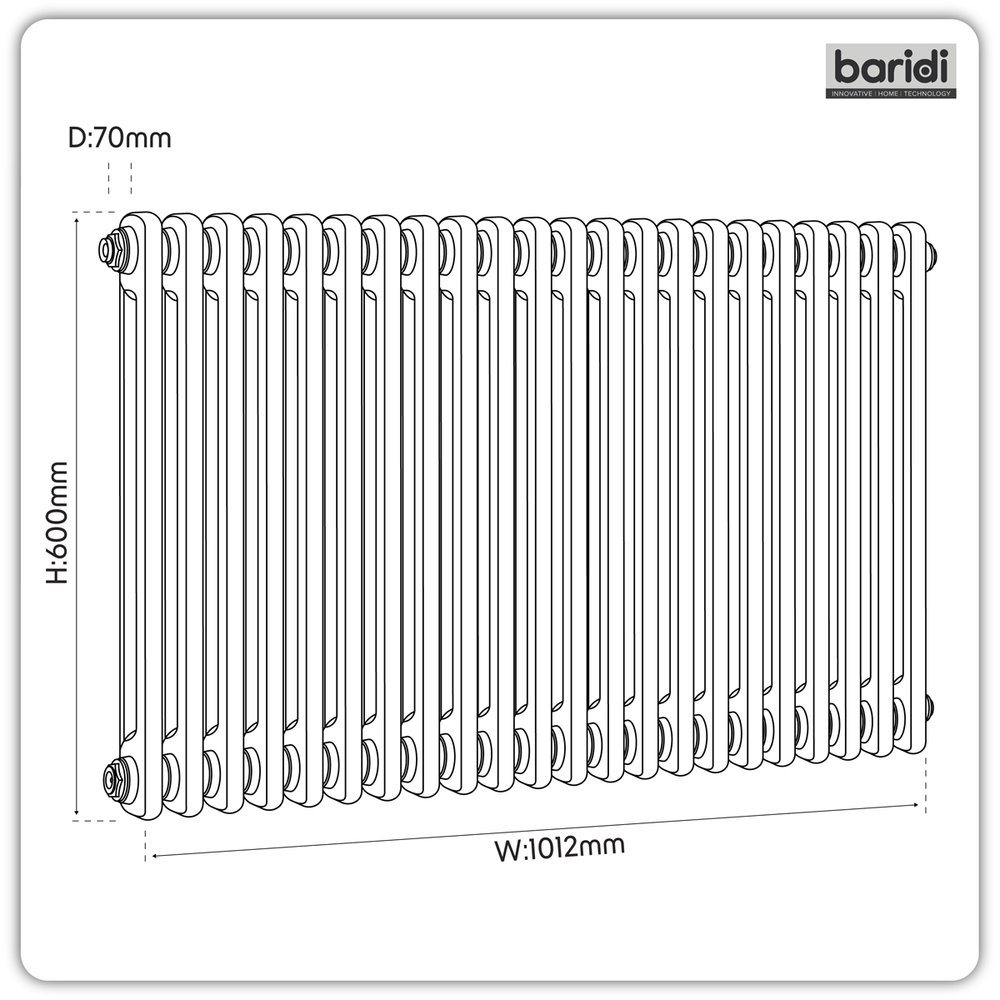 Baridi DH369 Horizontal Traditional 2 Column Radiator 600 x 1012mm - White - additional view 4