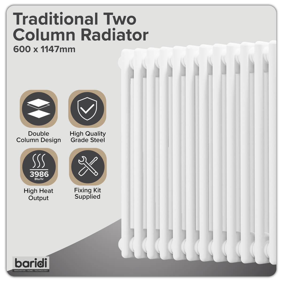 Baridi DH370 Horizontal Traditional 2 Column Radiator 600 x 1147mm - White - additional view 3