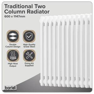 Baridi DH370 Horizontal Traditional 2 Column Radiator 600 x 1147mm - White - additional view 3
