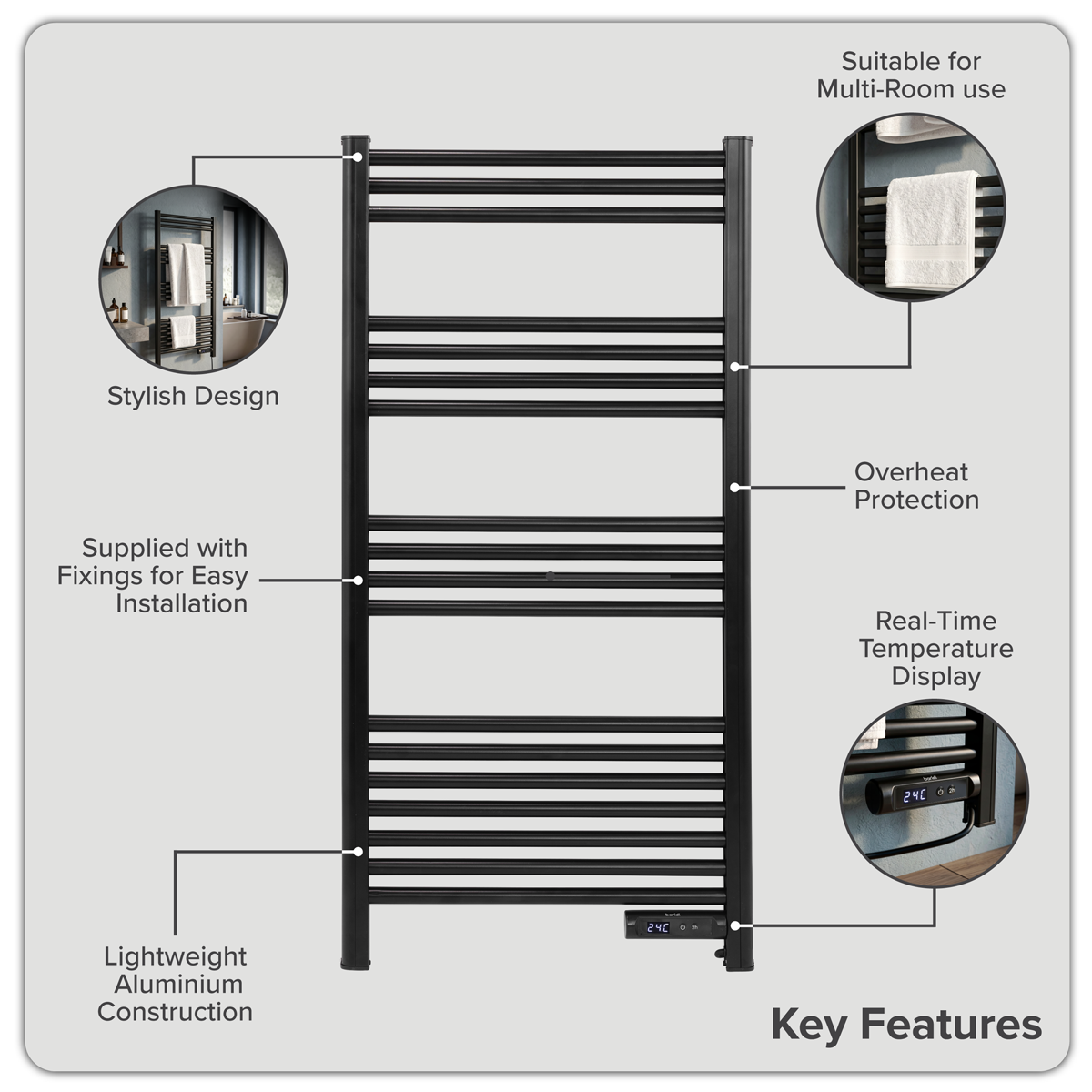 Baridi DH371 Electric Heated Towel Rail 1085 x 535mm with LED Display - Black - additional view 9