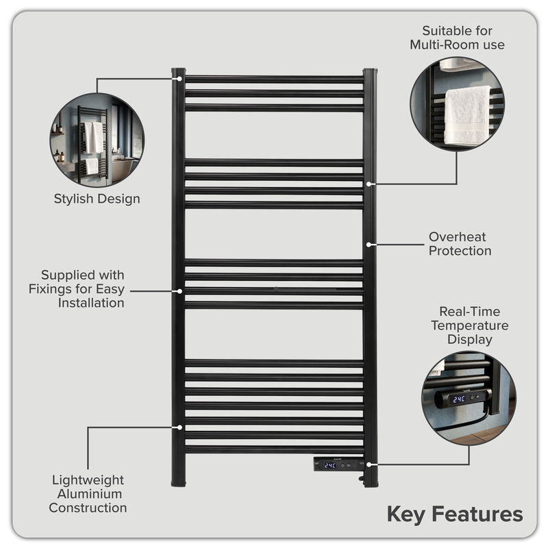 Baridi DH371 Electric Heated Towel Rail 1085 x 535mm with LED Display - Black - additional view 9