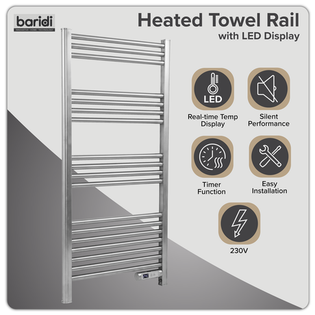 Baridi DH372 Electric Heated Towel Rail 1085 x 535mm with LED Display - Silver - additional view 2