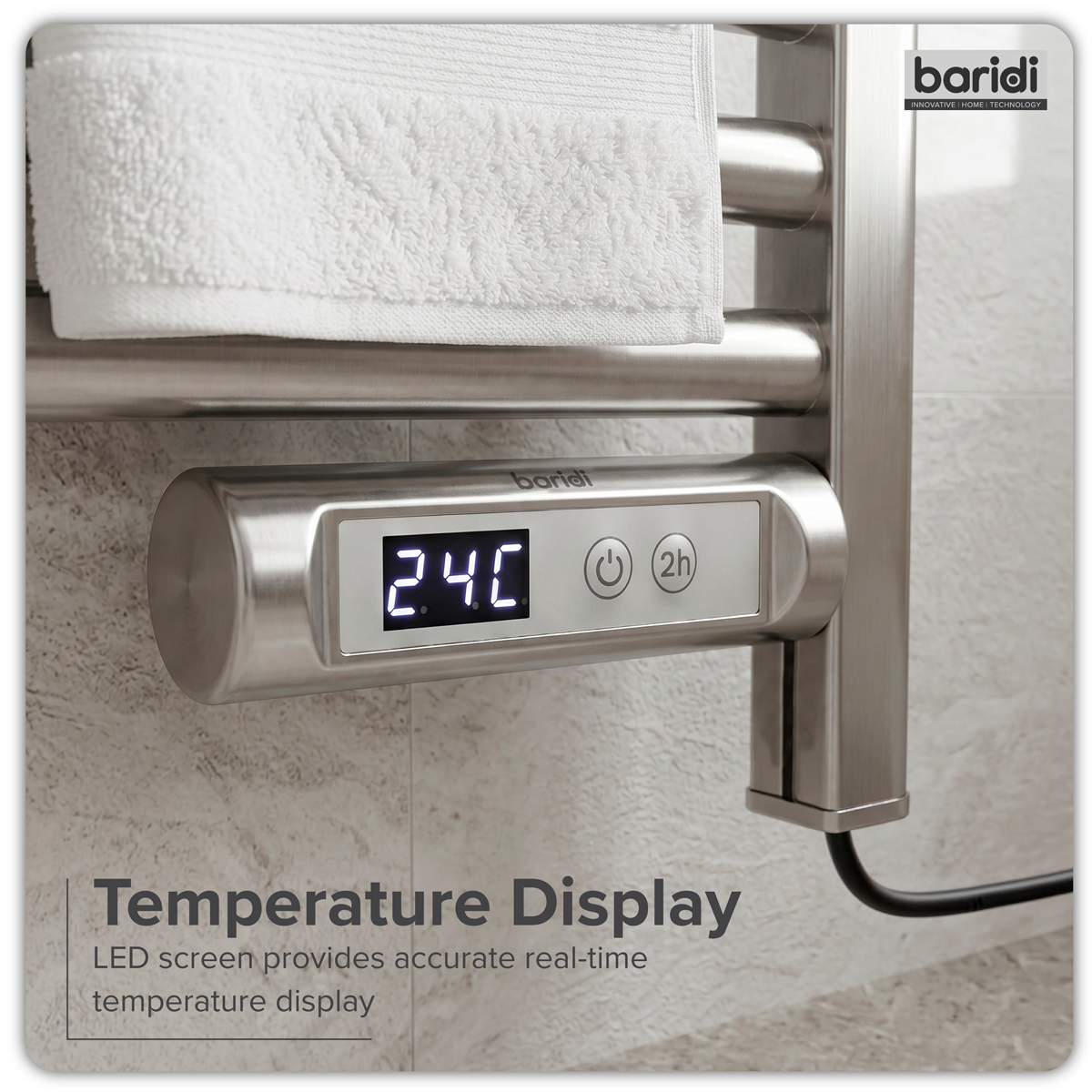 Baridi DH372 Electric Heated Towel Rail 1085 x 535mm with LED Display - Silver - additional view 4