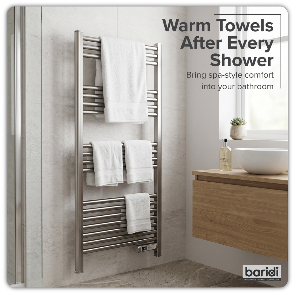 Baridi DH372 Electric Heated Towel Rail 1085 x 535mm with LED Display - Silver - additional view 5
