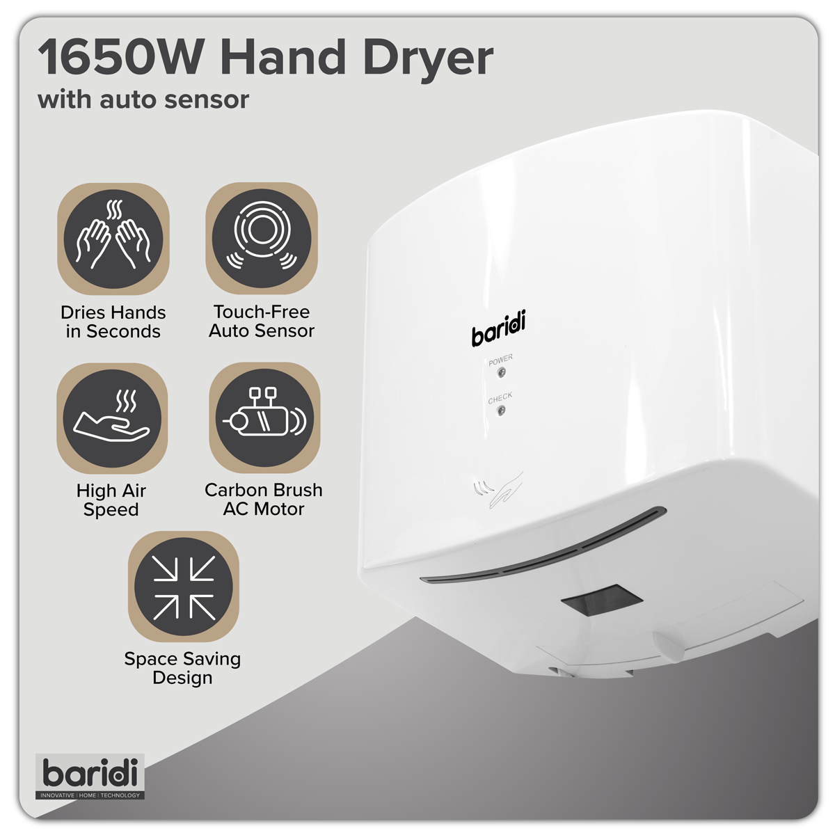 Baridi DH378 High Speed Hand Dryer with Auto Sensor 1400-1650W - White - additional view 7
