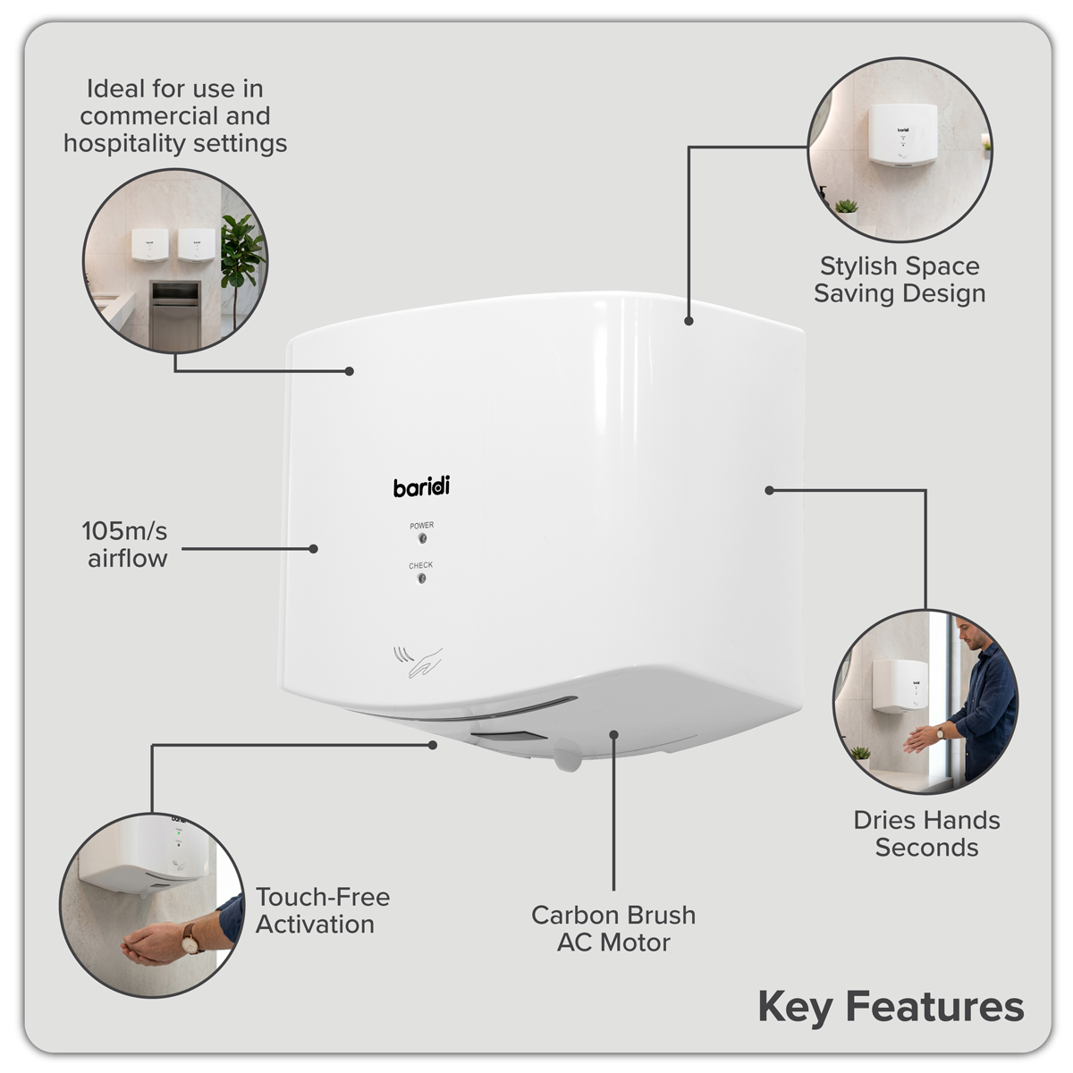 Baridi DH378 High Speed Hand Dryer with Auto Sensor 1400-1650W - White - additional view 17
