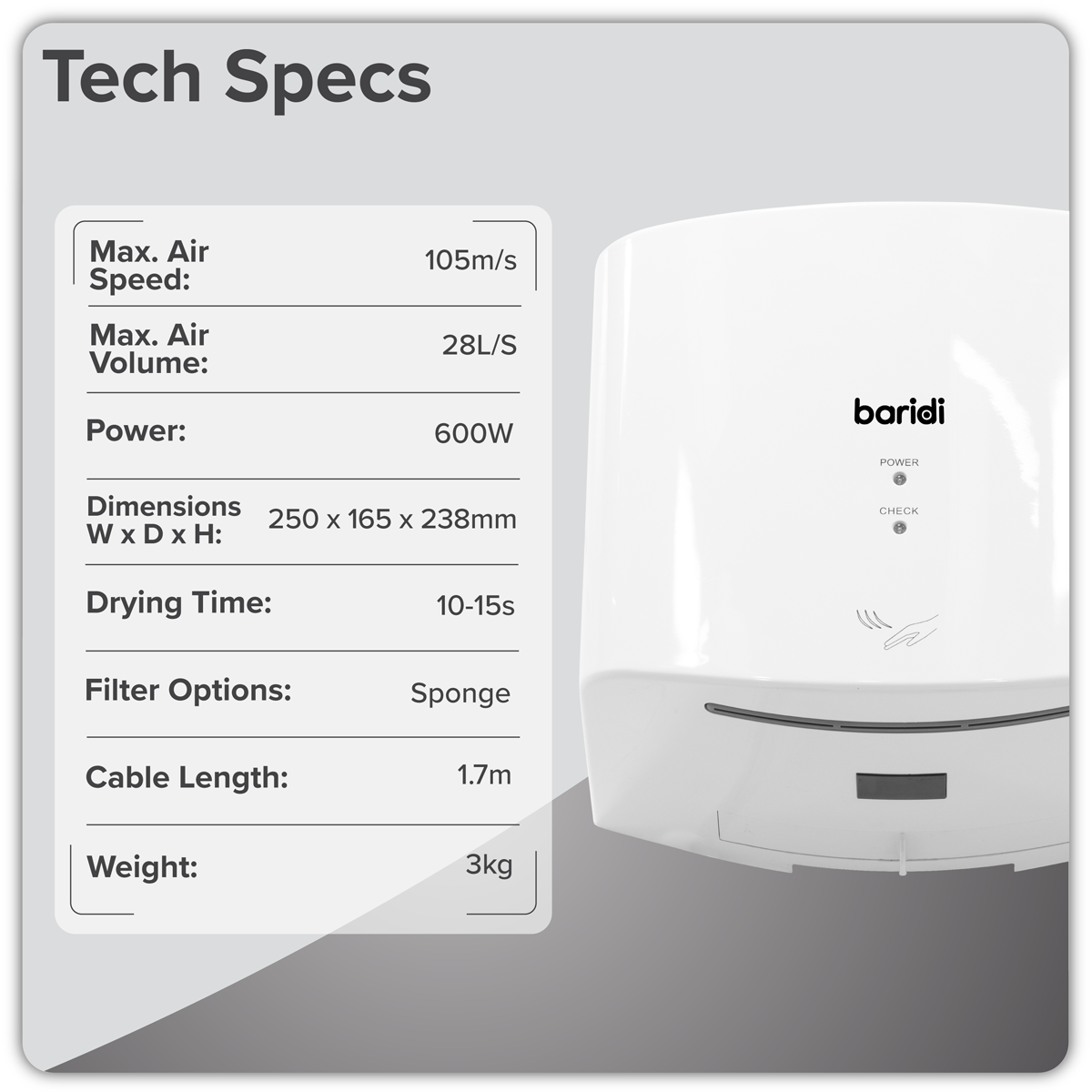 Baridi DH378 High Speed Hand Dryer with Auto Sensor 1400-1650W - White - additional view 3