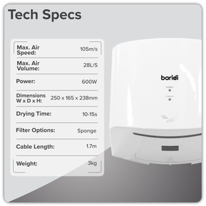 Baridi DH378 High Speed Hand Dryer with Auto Sensor 1400-1650W - White - additional view 3