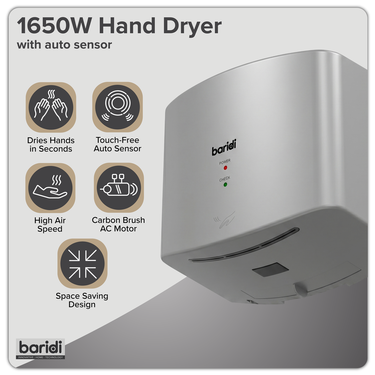 Baridi DH379 High Speed Hand Dryer with Auto-Sensor 1400-1650W - Silver - additional view 11