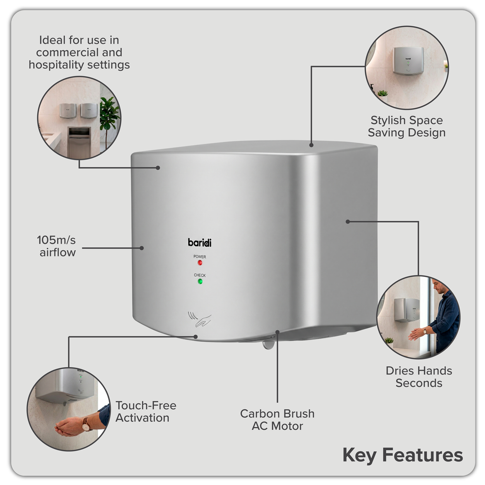 Baridi DH379 High Speed Hand Dryer with Auto-Sensor 1400-1650W - Silver - additional view 10