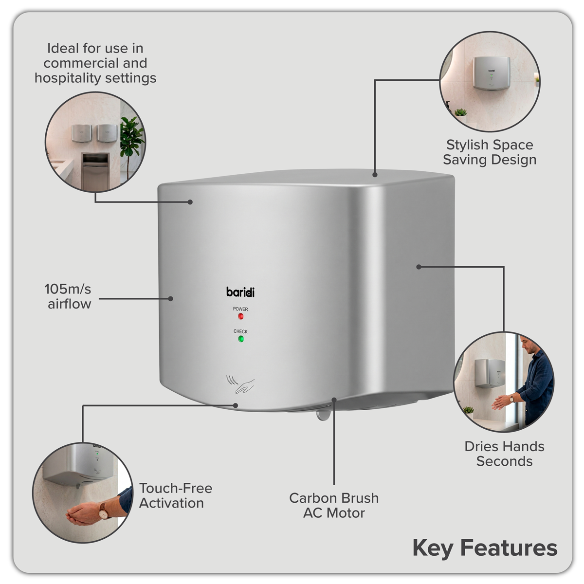 Baridi DH379 High Speed Hand Dryer with Auto-Sensor 1400-1650W - Silver - additional view 10