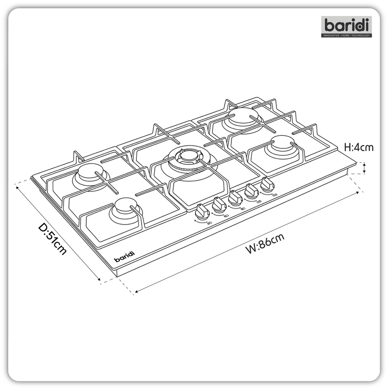 Baridi DH382 90cm Gas Hob Stainless Steel with 5 Burners, Cast Iron Supports & Auto Ignition 11kW - additional view 11