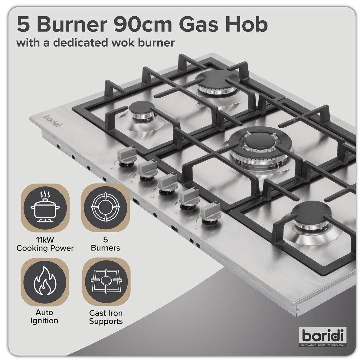 Baridi DH382 90cm Gas Hob Stainless Steel with 5 Burners, Cast Iron Supports & Auto Ignition 11kW - additional view 6