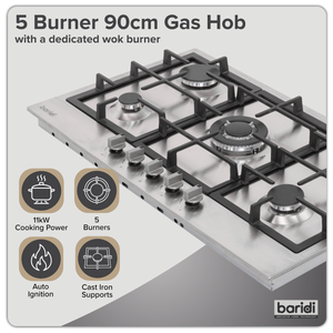 Baridi DH382 90cm Gas Hob Stainless Steel with 5 Burners, Cast Iron Supports & Auto Ignition 11kW - additional view 6
