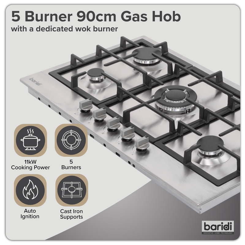 Baridi DH382 90cm Gas Hob Stainless Steel with 5 Burners, Cast Iron Supports & Auto Ignition 11kW - additional view 6