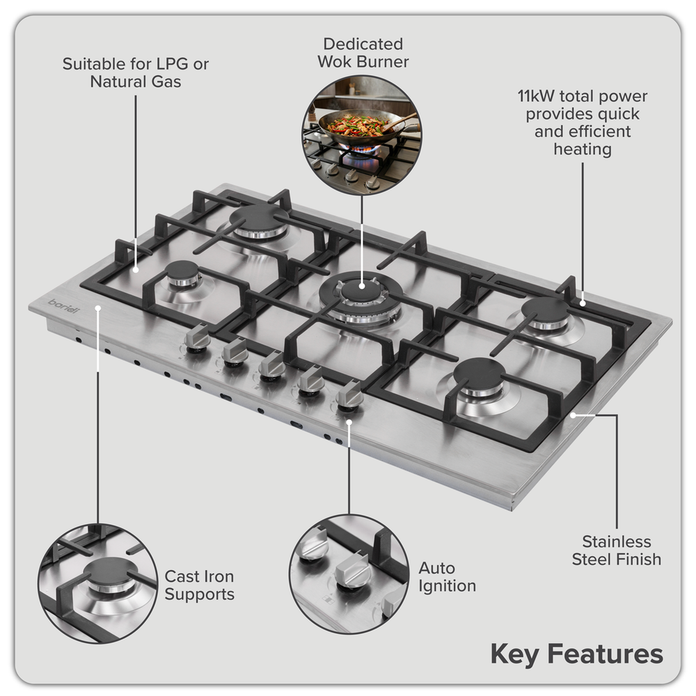 Baridi DH382 90cm Gas Hob Stainless Steel with 5 Burners, Cast Iron Supports & Auto Ignition 11kW - additional view 13