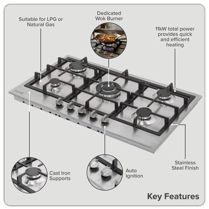 Baridi DH382 90cm Gas Hob Stainless Steel with 5 Burners, Cast Iron Supports & Auto Ignition 11kW - additional view 13
