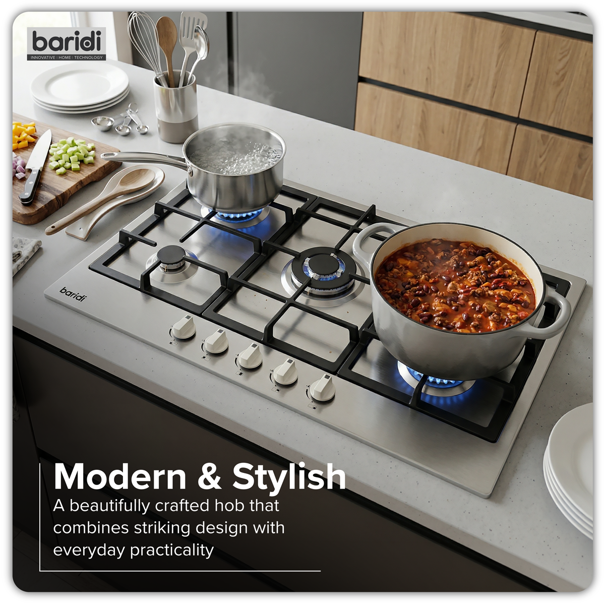 Baridi DH382 90cm Gas Hob Stainless Steel with 5 Burners, Cast Iron Supports & Auto Ignition 11kW - additional view 5