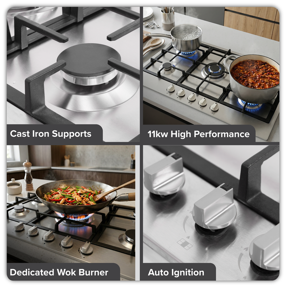 Baridi DH382 90cm Gas Hob Stainless Steel with 5 Burners, Cast Iron Supports & Auto Ignition 11kW - additional view 12