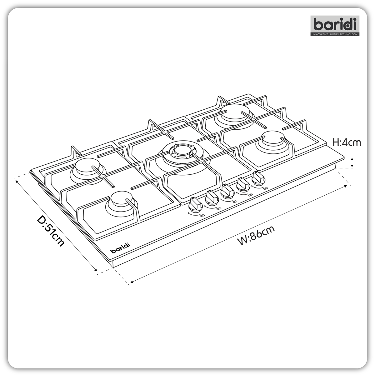 Baridi DH383 90cm Gas Hob Black Glass with 5 Burners, Cast Iron Supports & Auto Ignition 11kW - additional view 9