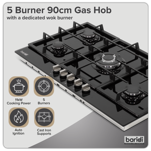 Baridi DH383 90cm Gas Hob Black Glass with 5 Burners, Cast Iron Supports & Auto Ignition 11kW - additional view 8