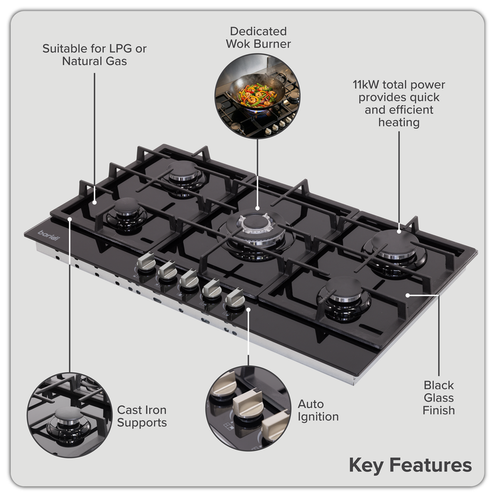 Baridi DH383 90cm Gas Hob Black Glass with 5 Burners, Cast Iron Supports & Auto Ignition 11kW - additional view 13