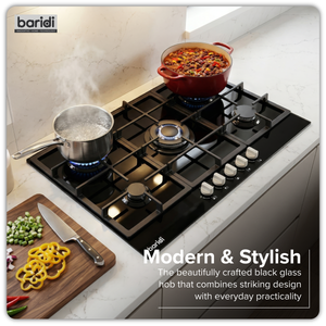 Baridi DH383 90cm Gas Hob Black Glass with 5 Burners, Cast Iron Supports & Auto Ignition 11kW - additional view 5