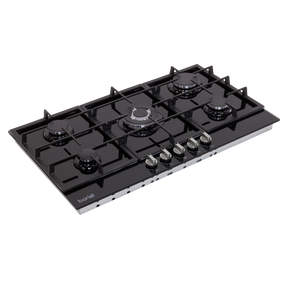 Baridi DH383 90cm Gas Hob Black Glass with 5 Burners, Cast Iron Supports & Auto Ignition 11kW
