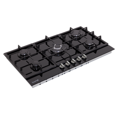 Baridi DH383 90cm Gas Hob Black Glass with 5 Burners, Cast Iron Supports & Auto Ignition 11kW