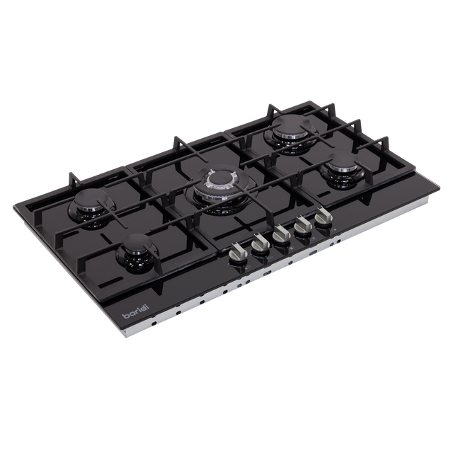 Baridi DH383 90cm Gas Hob Black Glass with 5 Burners, Cast Iron Supports & Auto Ignition 11kW