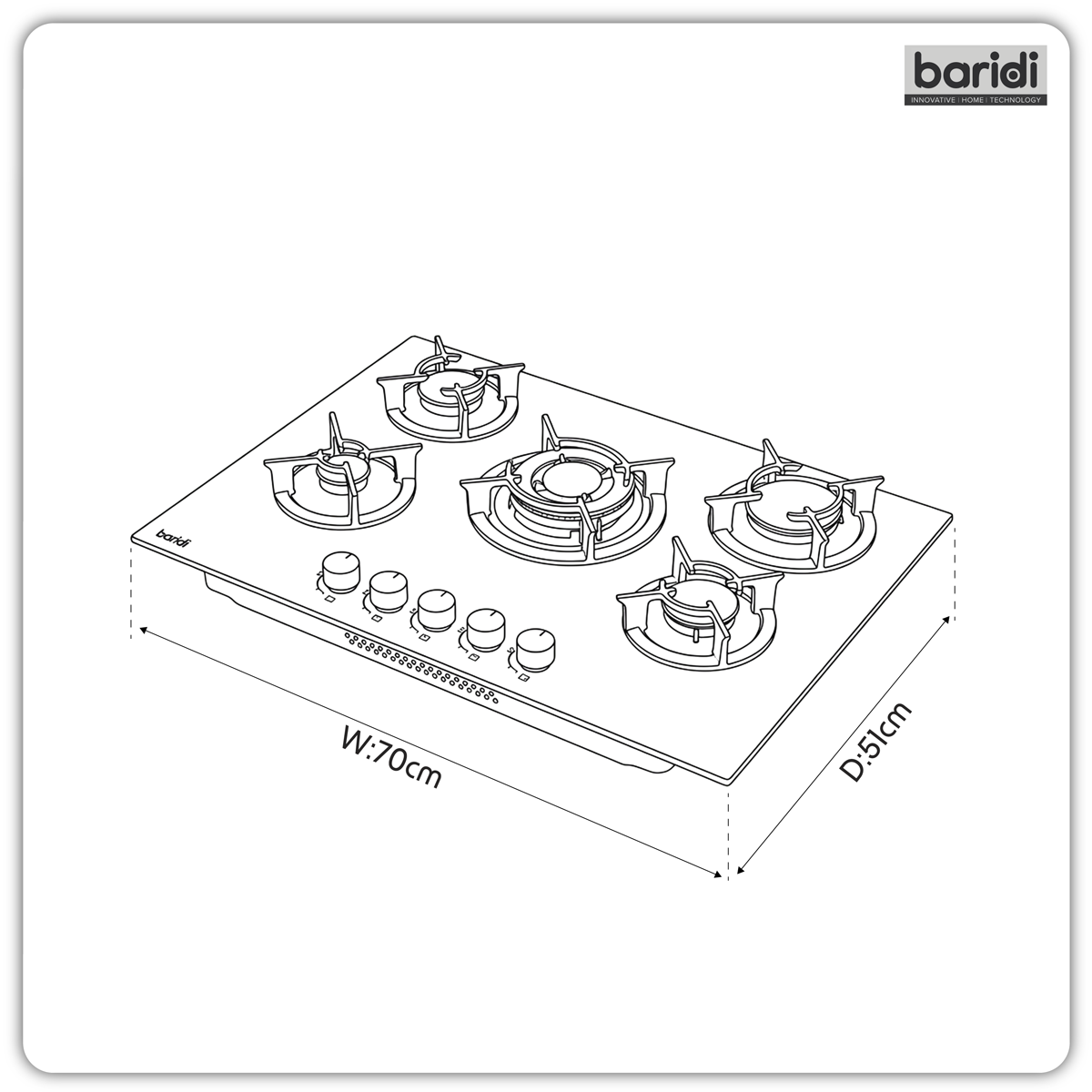 Baridi DH384 70cm Gas Hob Matt Black with 5 Burners, Cast Iron Supports & Auto Ignition 10.4kW - additional view 3
