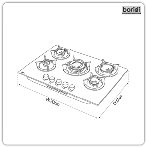 Baridi DH384 70cm Gas Hob Matt Black with 5 Burners, Cast Iron Supports & Auto Ignition 10.4kW - additional view 3