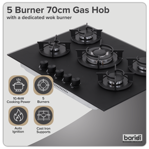 Baridi DH384 70cm Gas Hob Matt Black with 5 Burners, Cast Iron Supports & Auto Ignition 10.4kW - additional view 8