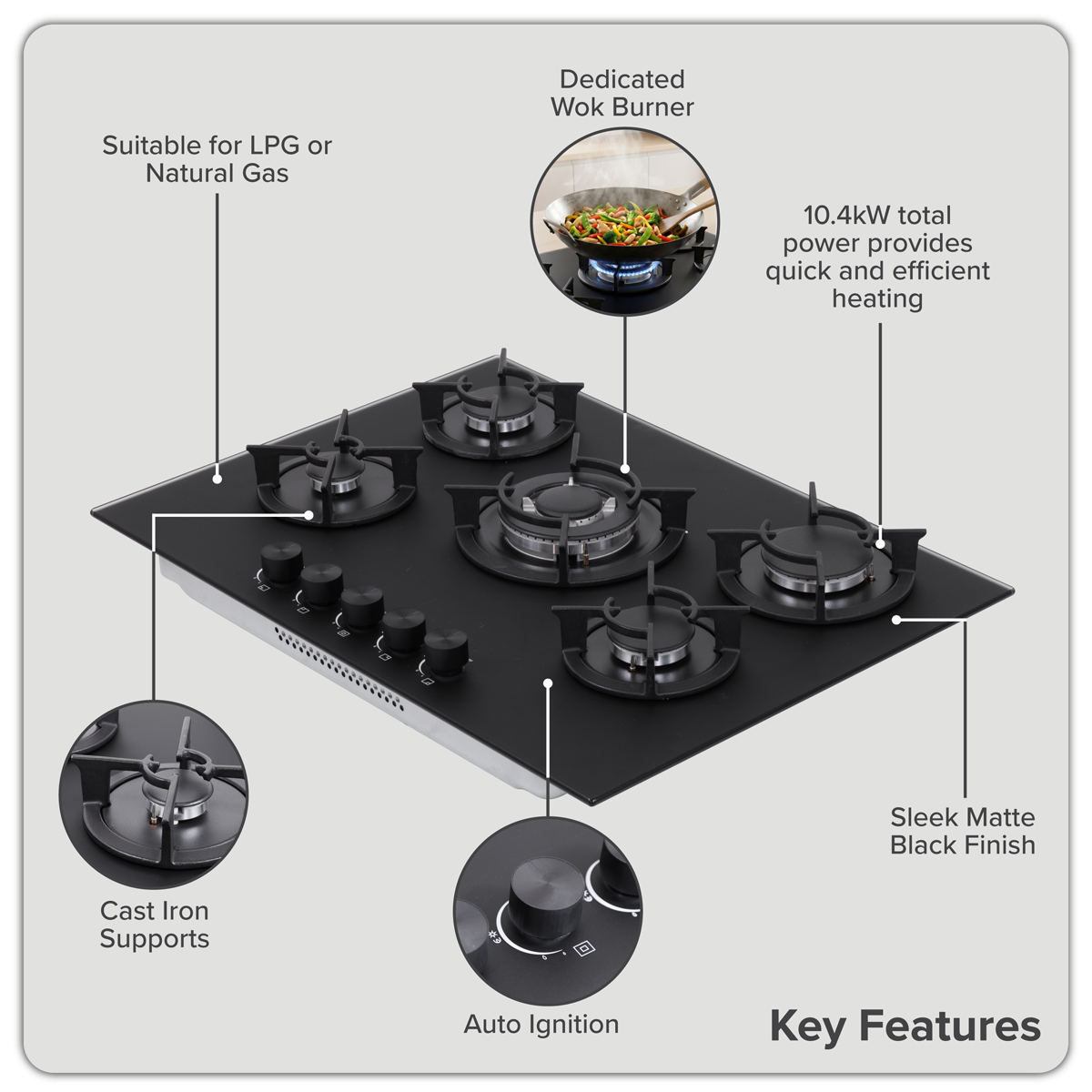 Baridi DH384 70cm Gas Hob Matt Black with 5 Burners, Cast Iron Supports & Auto Ignition 10.4kW - additional view 13
