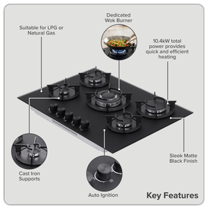 Baridi DH384 70cm Gas Hob Matt Black with 5 Burners, Cast Iron Supports & Auto Ignition 10.4kW - additional view 13